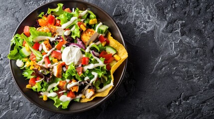 An enticing Mexican dish of chicken taco salad adorned with dollops of sour cream and salsa presented on a dark stone background from an aerial perspective