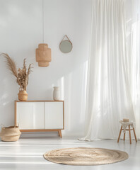 Chic interiors with minimalistic decor and natural lighting. Interior design composition with minimal boho furniture.