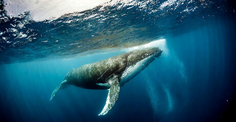 a large blue whale swimming under the surface of the water. Clean ocean water. Ecological calm atmosphere. Generative AI