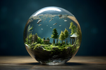 World Environment Day - Sustainable greenery and clean nature inside a glass sphere. - obrazy, fototapety, plakaty