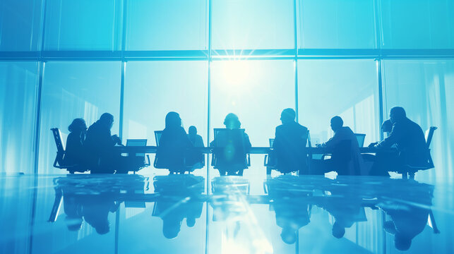 Professional meeting business team members in a elegant office meeting, luxary blue colors, plain white backgrounds