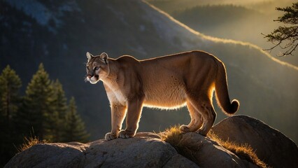 a dawn scene in the dense forests of North America where a cougar, also known as a mountain lion,...