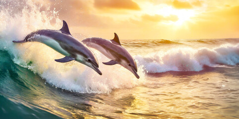 a group of cute dolphins jumping out of the water and playing on the sea waves. Generative AI