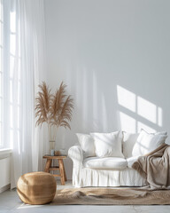 Chic interiors with minimalistic decor and natural lighting. Interior design composition with minimal boho furniture.