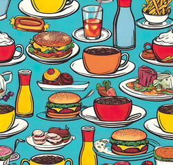 Colorful seamless pattern of American fast food restaurant, Fast food background collection, vector illustration, wallpaper for design