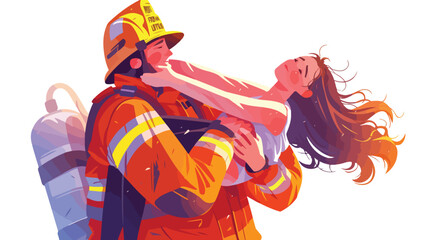Firefighter hero rescuing girl victim from fire. Fi
