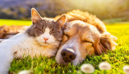 Portrait of a friendly cat and dog sleeping on green grass in the garden under the sun's rays. Generative AI.