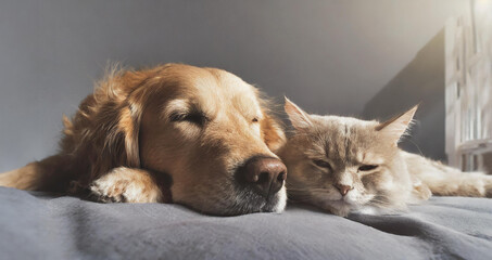 Portrait of a friendly cat and dog sleeping. Generative AI.