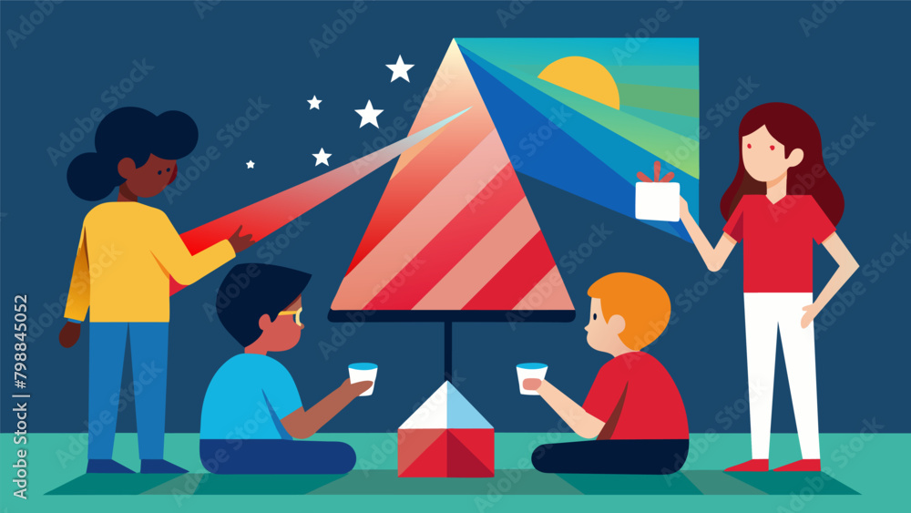 Poster in a makeshift classroom children use prisms to study the science behind the colors of the american 