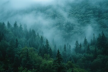 Lush greenery of a dense forest with mist weaving through the trees, embodying a sense of deep wilderness and natural beauty