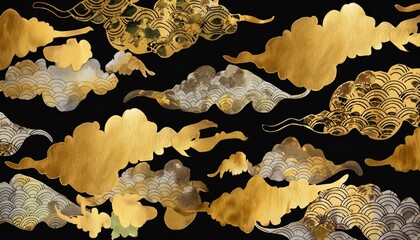 黒背景に和風の金色の抽象的な水彩模様の背景