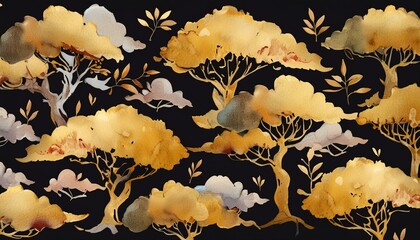 黒背景に和風の金色の抽象的な水彩模様の背景