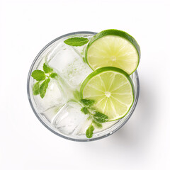 Gin tonic cocktail with lime slices, top view on white background