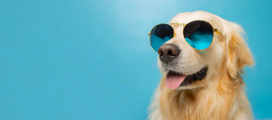 Portrait of a fashionable dog golden retriever in sunglasses isolated on a blue background. Generative AI