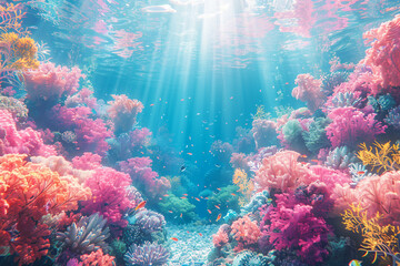 A grainy gradient illustration of a vibrant coral reef teeming with life, sunlight filtering through the clear water.