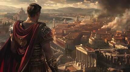 Portrait of stoic Roman emperor in detailed armor surveys his empire, with the expansive cityscape of Ancient Rome stretching into the horizon behind him