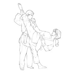 lineart illustration of a woman practicing taekwondo overhead kicks with a female teacher. Taekwondo illustration.