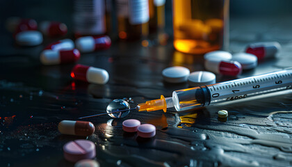 Different drugs and syringe on dark background, closeup - obrazy, fototapety, plakaty
