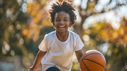 A front-facing shot capturing a cute kid happily playing basketball outdoors. With a big smile on their face, the child dribbles the ball, showcasing the excitement and joy of learning sports outside 
