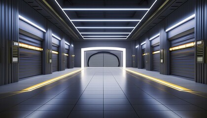 Obraz premium Dark Futuristic Modern Garage Showroom Tunnel Corridor. Entrance 3D Illustration