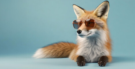 Fototapeta premium Portrait of a fashionable fox in sunglasses isolated on a blue background. Generative AI