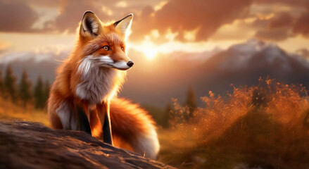 Full-length close-up portrait of a red fox. Against the background of wild nature of mountains and fields. Generative AI
