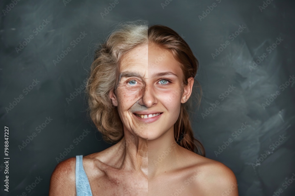 Poster aging continuum in skincare merges with blonde visual changes and aging spectrums; before after agin