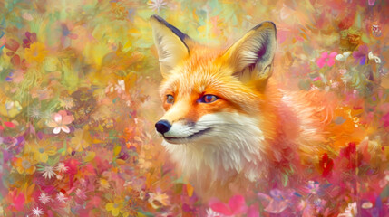 Fototapeta premium Vibrant Fox in a Whimsical Floral Dreamscape