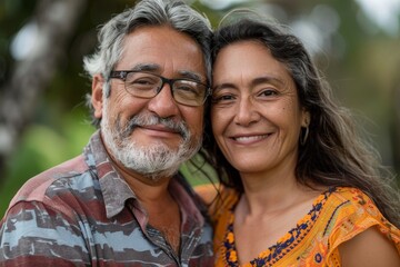 A mature couple shares a tender moment, their closeness evident in their warm smiles, amidst a soft, natural backdrop.