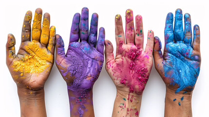 Hands / Palms of young people covered in purple, yellow, red, blue Holi festival colors isolated