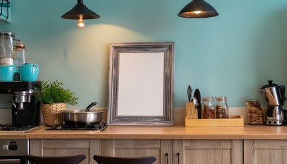 Empty wooden picture frame mockup hanging on pastel wall in a cafe or kitchen with wooden counter top. Working space, home office