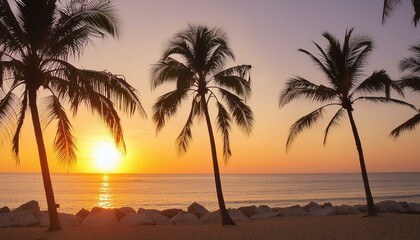 Gorgeous tropical sunset over beach with palm tree silhouettes Perfect for summer travel and vacation