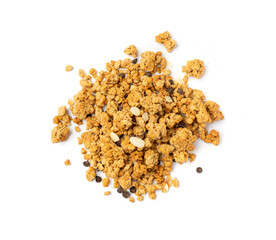 Granola Pile Isolated, Cereal Breakfast with Almonds and Chocolate Chips, Seeds and Oat Flakes