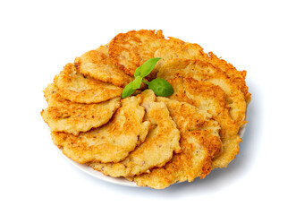 Potato Pancakes, Draniki, Deruny, Potato Latkes, Latkas, Irish Cakes, Raggmunk or Boxties Isolated on White