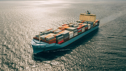 Huge Container ship in the sea. Aerial view