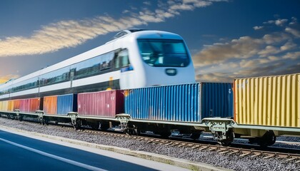 Highspeed freight train with vibrant intermodal containers, emphasizing swift delivery