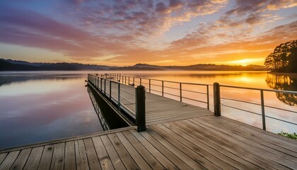 Lakeside pier with beautiful sunrise view