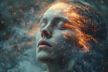Artistic portrait of a woman surrounded by mystical fog and sparkles with a serene, dreamlike quality on her face