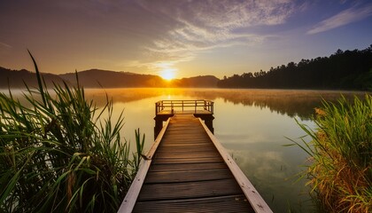 Lakeside pier with beautiful sunrise view - Powered by Adobe