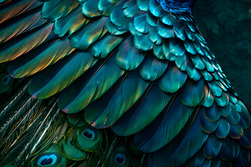 Colorful exotic background of bright peacock feathers. Peacock feather background. Blue and green peacock feather closeup.