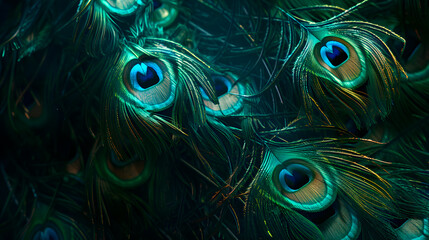Obraz premium Colorful exotic background of bright peacock feathers. Peacock feather background. Blue and green peacock feather closeup.