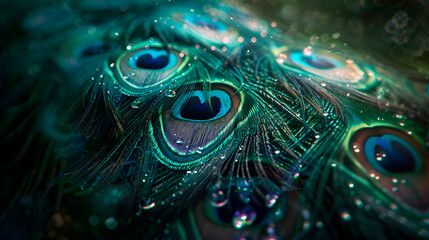 Colorful exotic background of bright peacock feathers. Peacock feather background. Blue and green peacock feather closeup.