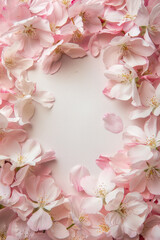 Fototapeta na wymiar Delicate texture of cherry blossom petals around the frame, with a blank space in the center, showcasing their softness and pastel hues. 