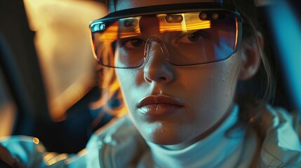 Drivers license examiner using AR glasses to score maneuvers, soft natural light, precise detail, techaided precision grading - obrazy, fototapety, plakaty