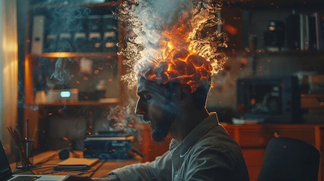 Brain fog visualized in a cluttered digital workspace, soft focus, mid shot, stress and digital overload theme