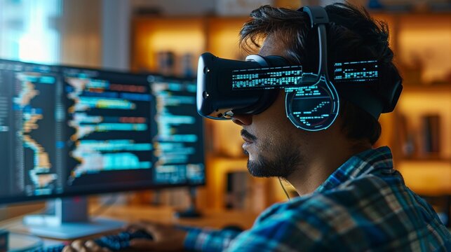 Digital tester analyzing code in a virtual reality setup, engaging display, focused shot, immersive programming review