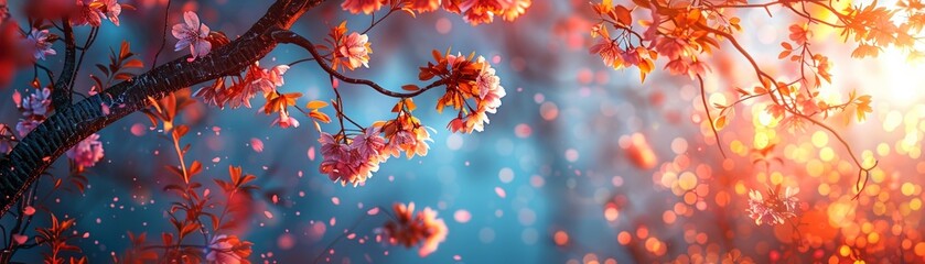 Sakura cherry blossoms overlay in augmented reality, vibrant sunset light, immersive nature experience