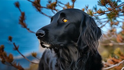 Majestic Black Flat Coated Retriever Poses Gracefully, Emphasizing Yellow Eye
