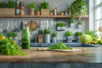 Smart kitchen preparing green smoothies, vibrant interior, integrating health and smart appliances