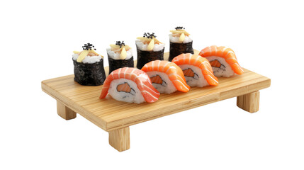 colourful sushi on wooden board, transparent background